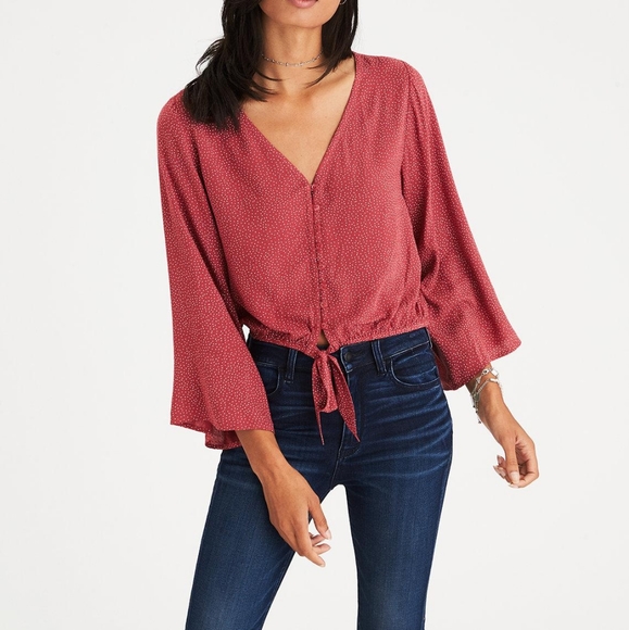 American Eagle Red Polka Dot Bell Sleeve Crop Top - Picture 1 of 8